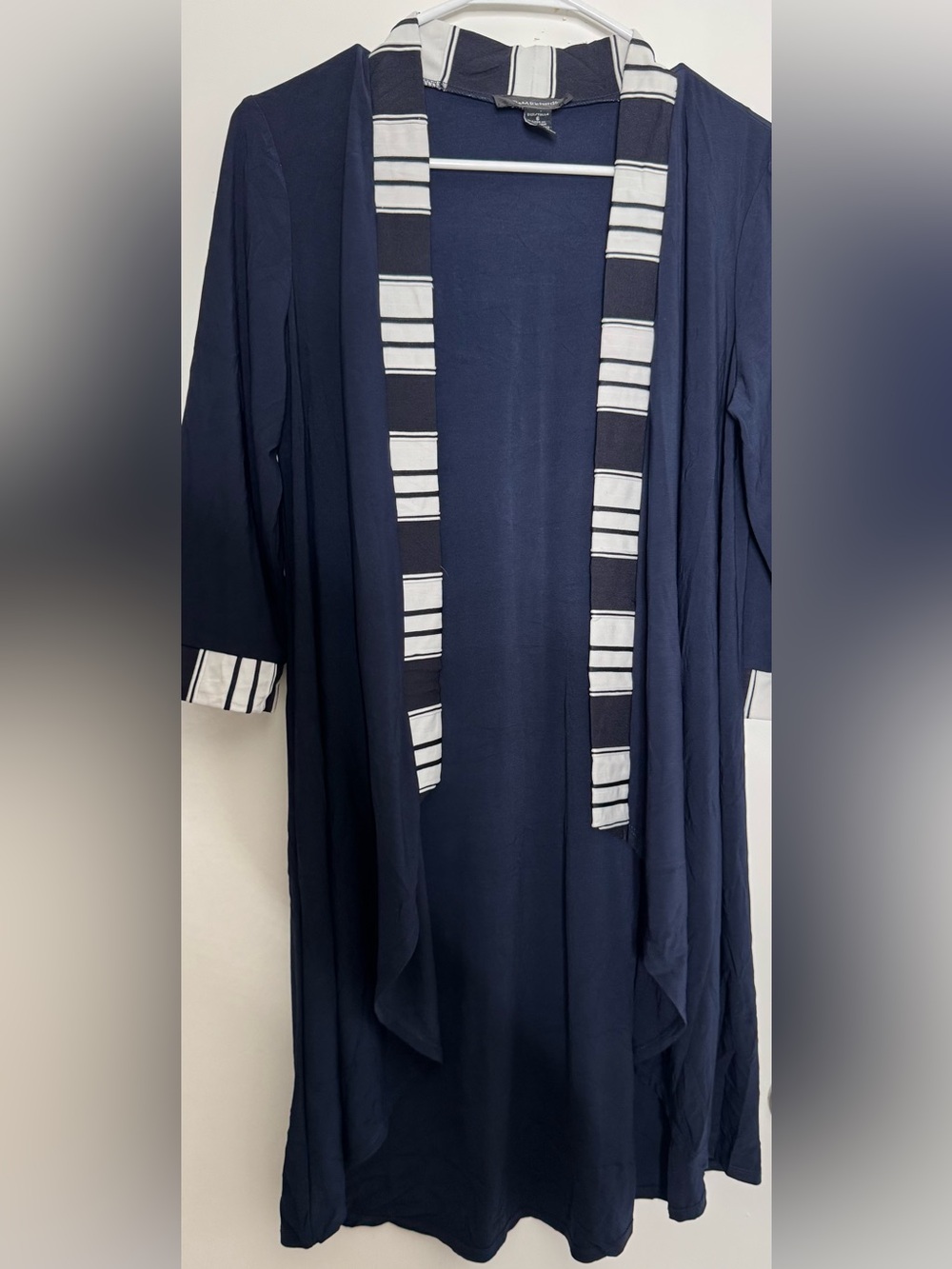 R&M Richards Navy Open-Front Cardigan with White-Striped Trim stretch size 6
